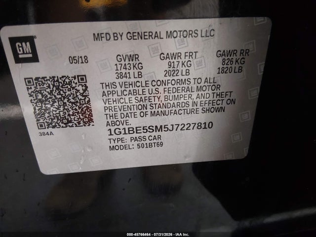 Продажа на аукционе авто 2018 Chevrolet Cruze Lt Auto, vin: 1G1BE5SM5J7227810, номер лота: 45766464