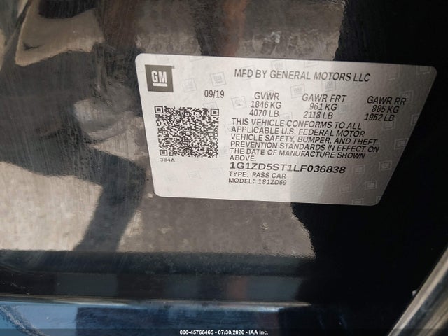 2020 Chevrolet Malibu Fwd Lt მანქანა იყიდება აუქციონზე, vin: 1G1ZD5ST1LF036838, აუქციონის ნომერი: 45766465