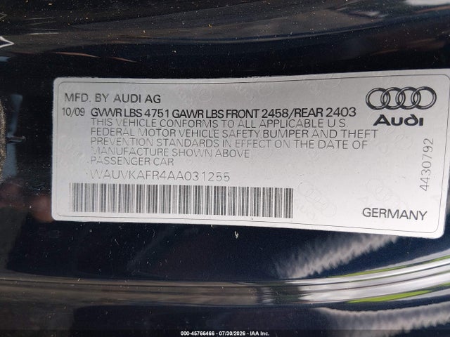 2010 Audi A5 3.2 Premium Plus მანქანა იყიდება აუქციონზე, vin: WAUVKAFR4AA031255, აუქციონის ნომერი: 45766466
