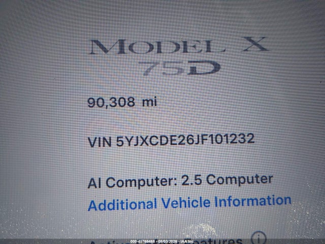 2018 Tesla Model X 100d/75d/p100d მანქანა იყიდება აუქციონზე, vin: 5YJXCDE26JF101232, აუქციონის ნომერი: 45766468