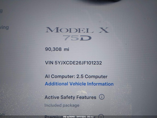 2018 Tesla Model X 100d/75d/p100d მანქანა იყიდება აუქციონზე, vin: 5YJXCDE26JF101232, აუქციონის ნომერი: 45766468