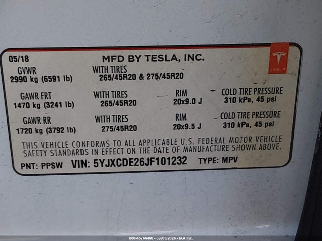 2018 Tesla Model X 100d/75d/p100d მანქანა იყიდება აუქციონზე, vin: 5YJXCDE26JF101232, აუქციონის ნომერი: 45766468