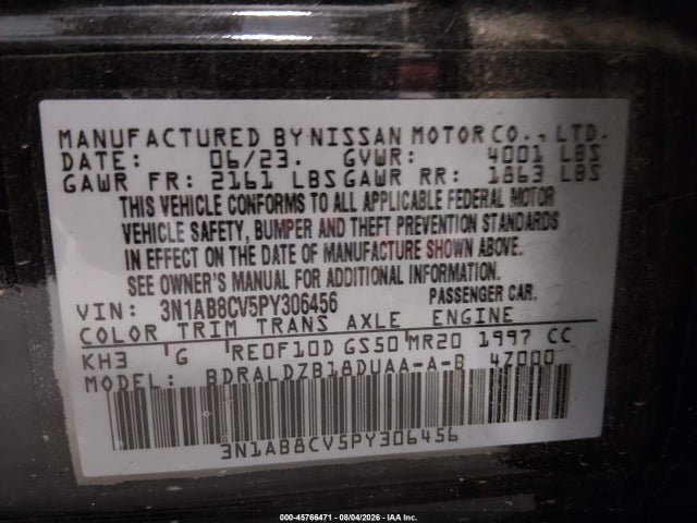 2023 Nissan Sentra Sv Xtronic Cvt მანქანა იყიდება აუქციონზე, vin: 3N1AB8CV5PY306456, აუქციონის ნომერი: 45766471