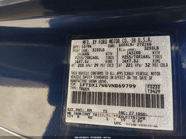 Aukcja sprzedaży 1997 Ford F-150 Standard Lariat/standard/xl/xlt, vin: 1FTDX17W6VNB69799, numer aukcji: 45766474