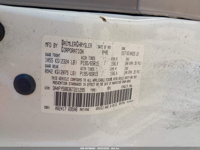 2006 Chrysler Pt Cruiser Touring მანქანა იყიდება აუქციონზე, vin: 3A4FY58B36T221295, აუქციონის ნომერი: 45766488