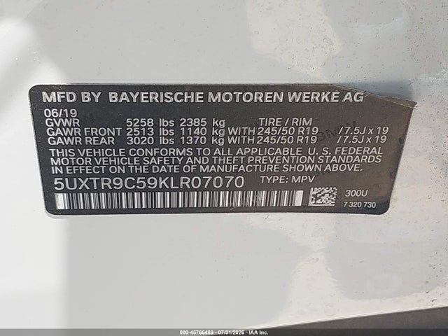 Aukcja sprzedaży 2019 Bmw X3 Xdrive30i, vin: 5UXTR9C59KLR07070, numer aukcji: 45766489