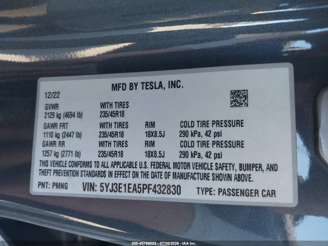 Продажа на аукционе авто 2023 Tesla Model 3 Rear-wheel Drive, vin: 5YJ3E1EA5PF432830, номер лота: 45766503