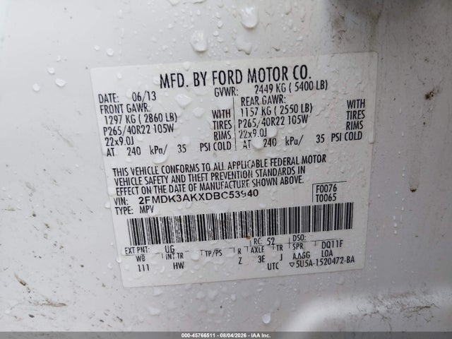 2013 Ford Edge Sport მანქანა იყიდება აუქციონზე, vin: 2FMDK3AKXDBC53940, აუქციონის ნომერი: 45766511