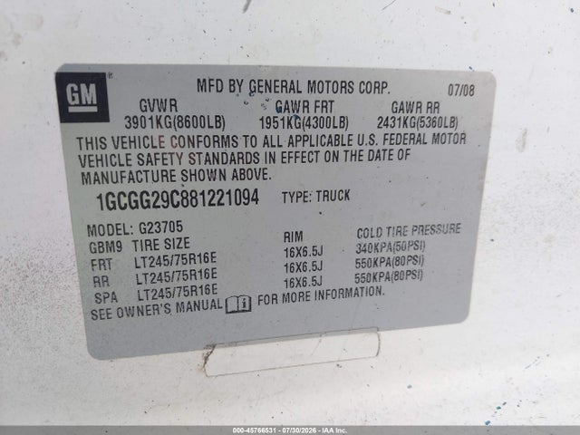 45766531 :رقم المزاد ، 1GCGG29C881221094 vin ، 2008 Chevrolet Express Cargo Van Work Van مزاد بيع