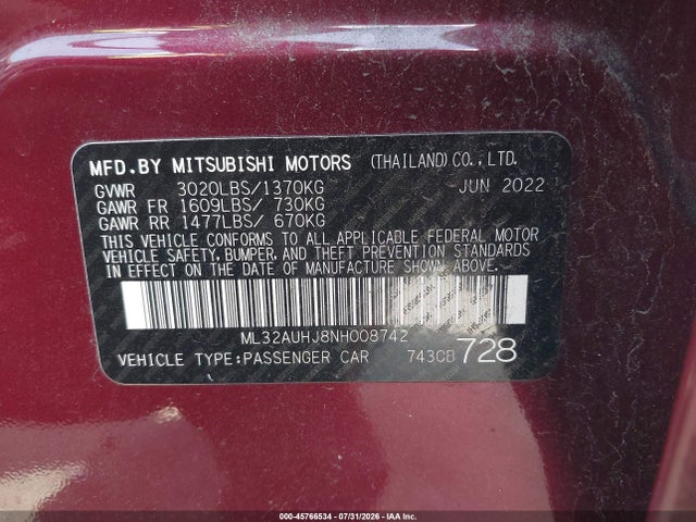 Aukcja sprzedaży 2022 Mitsubishi Mirage Le, vin: ML32AUHJ8NH008742, numer aukcji: 45766534