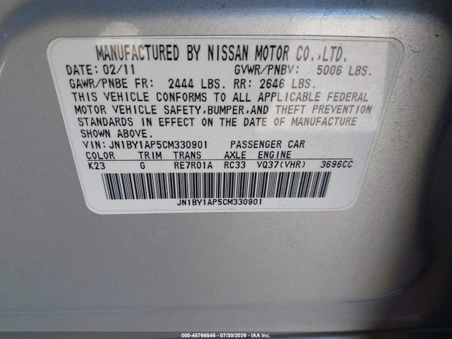 Продажа на аукционе авто 2012 Infiniti M37, vin: JN1BY1AP5CM330901, номер лота: 45766546