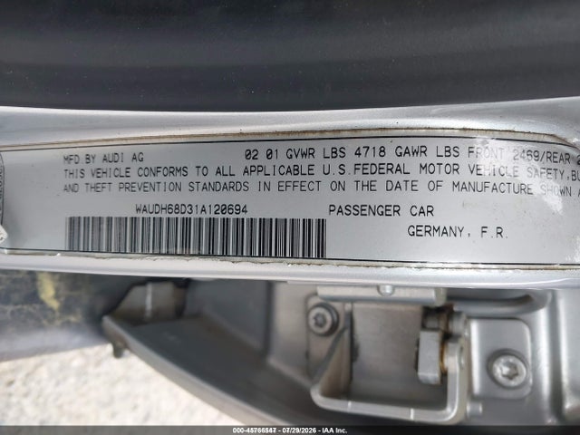 45766547 :رقم المزاد ، WAUDH68D31A120694 vin ، 2001 Audi A4 2.8 مزاد بيع