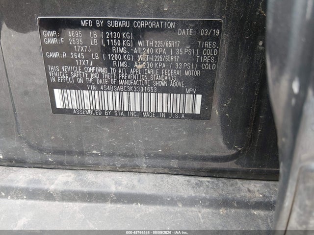 2019 Subaru Outback 2.5i მანქანა იყიდება აუქციონზე, vin: 4S4BSABC3K3331653, აუქციონის ნომერი: 45766548