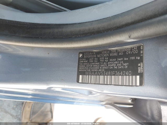 Aukcja sprzedaży 2001 Bmw 330i, vin: WBAAV53481FJ64240, numer aukcji: 45766549