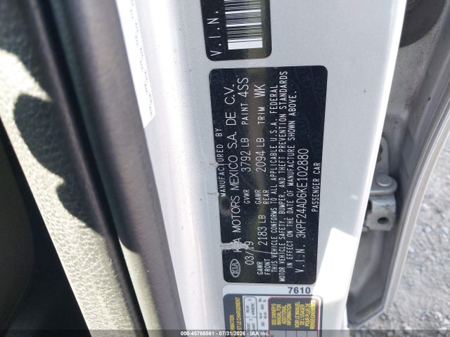 Продажа на аукционе авто 2019 Kia Forte Lxs, vin: 3KPF24AD6KE102880, номер лота: 45766561
