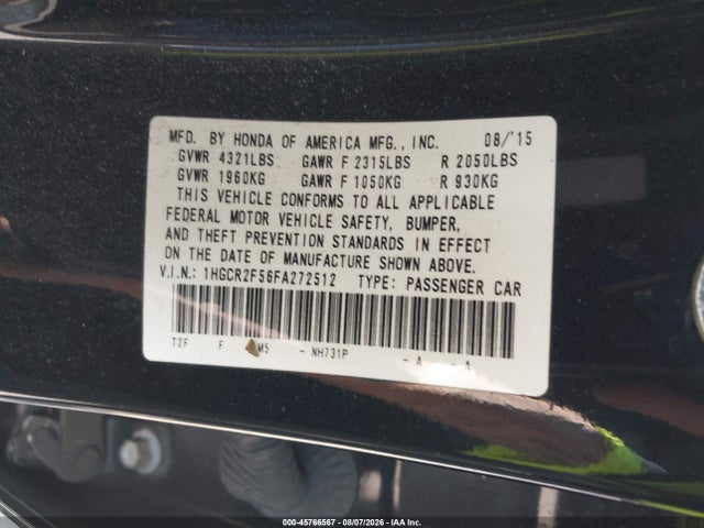 2015 Honda Accord Sport მანქანა იყიდება აუქციონზე, vin: 1HGCR2F56FA272512, აუქციონის ნომერი: 45766567