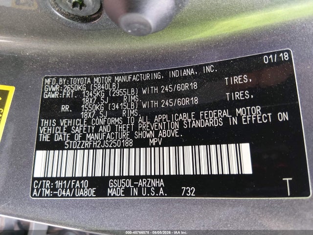 45766578 :رقم المزاد ، 5TDZZRFH2JS250188 vin ، 2018 Toyota Highlander Le Plus مزاد بيع