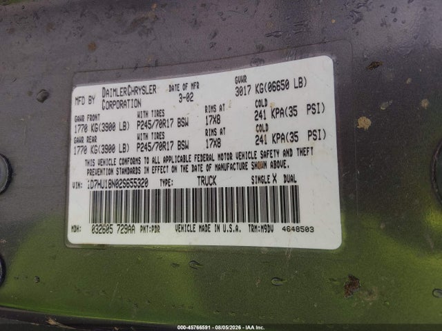 Aukcja sprzedaży 2002 Dodge Ram 1500 St, vin: 1D7HU18N02S655320, numer aukcji: 45766591