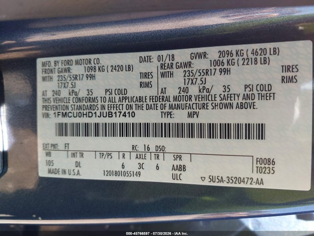 Продажа на аукционе авто 2018 Ford Escape Sel, vin: 1FMCU0HD1JUB17410, номер лота: 45766597