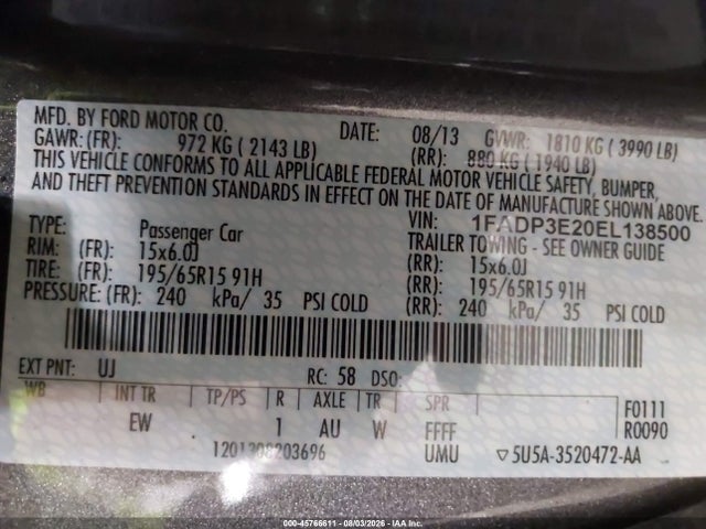 45766611 :رقم المزاد ، 1FADP3E20EL138500 vin ، 2014 Ford Focus S مزاد بيع