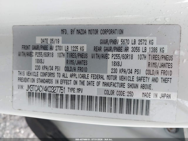 Продажа на аукционе авто 2019 Mazda Cx-9 Touring, vin: JM3TCACY4K0327751, номер лота: 45766619