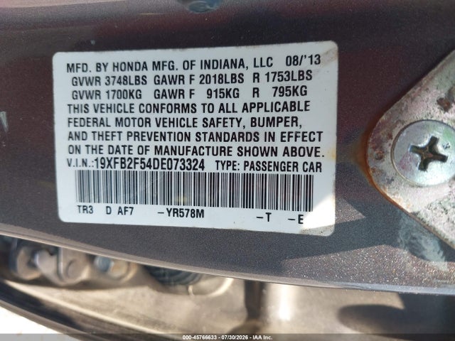 2013 Honda Civic Lx მანქანა იყიდება აუქციონზე, vin: 19XFB2F54DE073324, აუქციონის ნომერი: 45766633