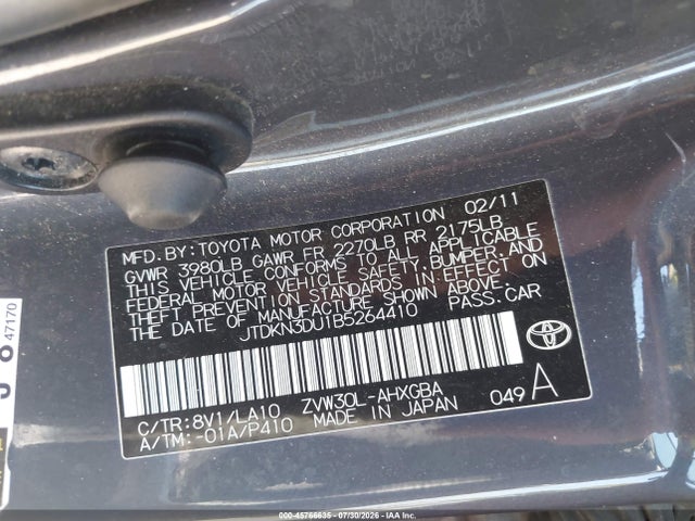 Aukcja sprzedaży 2011 Toyota Prius Four, vin: JTDKN3DU1B5264410, numer aukcji: 45766635