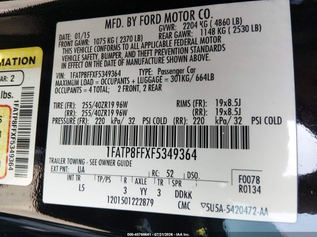 Продажа на аукционе авто 2015 Ford Mustang Gt Premium, vin: 1FATP8FFXF5349364, номер лота: 45766641