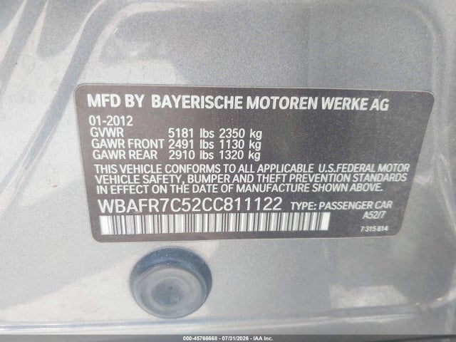 2012 Bmw 535i მანქანა იყიდება აუქციონზე, vin: WBAFR7C52CC811122, აუქციონის ნომერი: 45766668