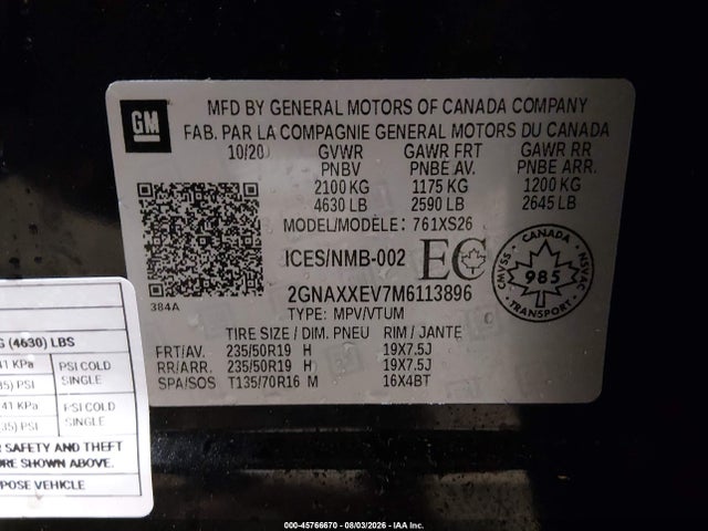 45766670 :رقم المزاد ، 2GNAXXEV7M6113896 vin ، 2021 Chevrolet Equinox Premier مزاد بيع