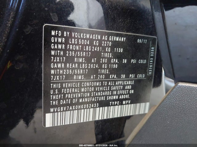 Продажа на аукционе авто 2017 Volkswagen Tiguan 2.0t/2.0t S, vin: WVGBV7AX0HK052433, номер лота: 45766681