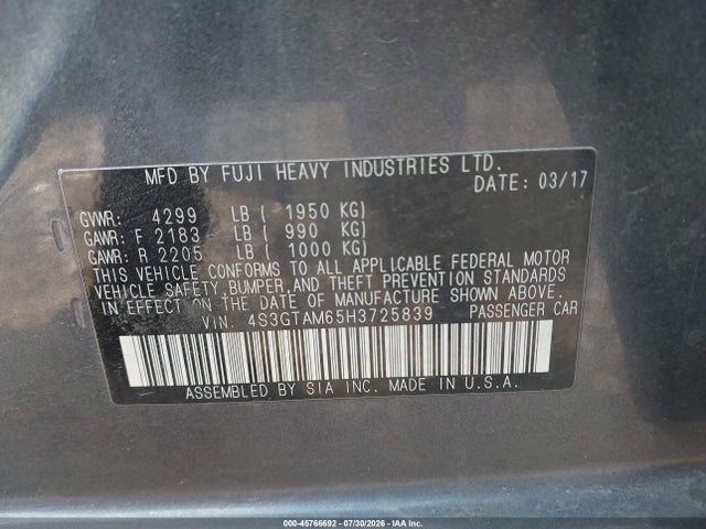 45766692 :رقم المزاد ، 4S3GTAM65H3725839 vin ، 2017 Subaru Impreza 2.0i Sport مزاد بيع