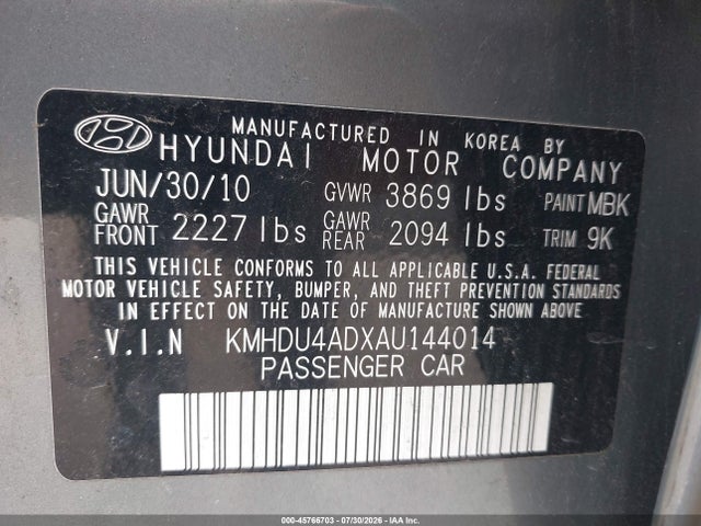 2010 Hyundai Elantra Gls მანქანა იყიდება აუქციონზე, vin: KMHDU4ADXAU144014, აუქციონის ნომერი: 45766703