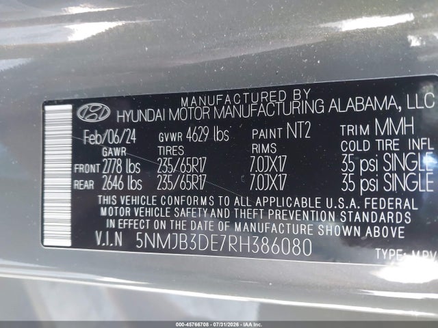 2024 Hyundai Tucson Sel მანქანა იყიდება აუქციონზე, vin: 5NMJB3DE7RH386080, აუქციონის ნომერი: 45766708