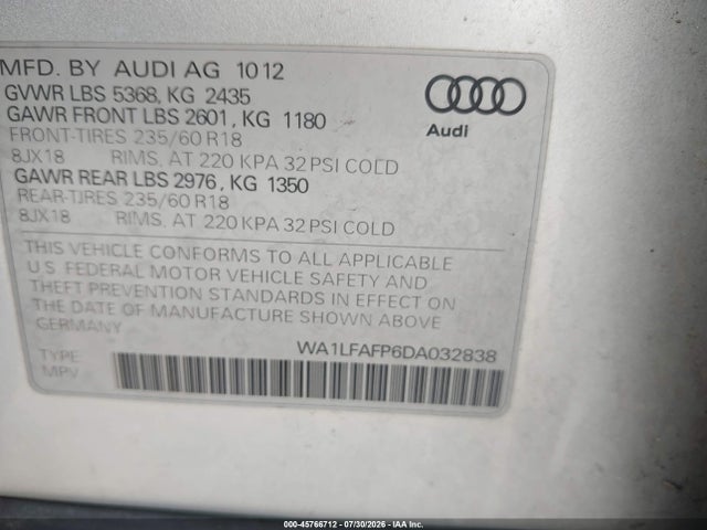 Aukcja sprzedaży 2013 Audi Q5 2.0t Premium, vin: WA1LFAFP6DA032838, numer aukcji: 45766712