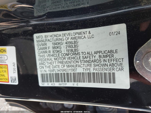 Продаж на аукціоні авто 2024 Honda Civic Ex-l, vin: 19XFL1H76RE015907, номер лоту: 45766714