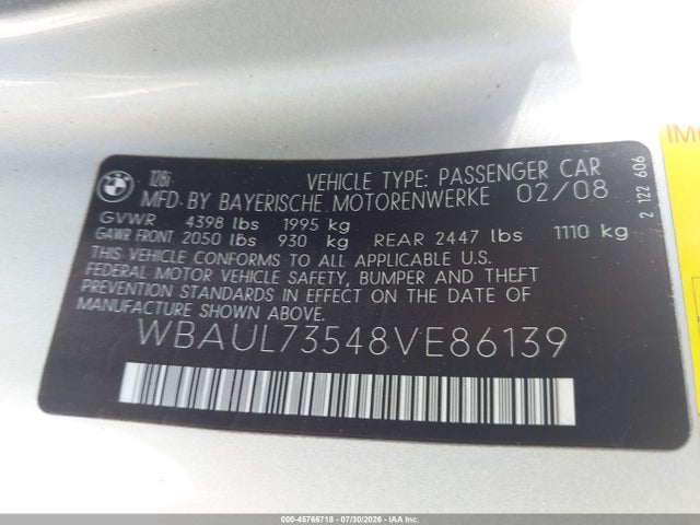 Aukcja sprzedaży 2008 Bmw 128i, vin: WBAUL73548VE86139, numer aukcji: 45766718