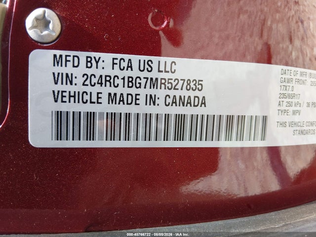 45766722 :رقم المزاد ، 2C4RC1BG7MR527835 vin ، 2021 Chrysler Pacifica Touring L مزاد بيع