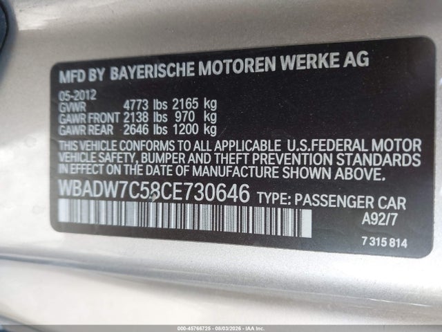 Aukcja sprzedaży 2012 Bmw 328i, vin: WBADW7C58CE730646, numer aukcji: 45766725