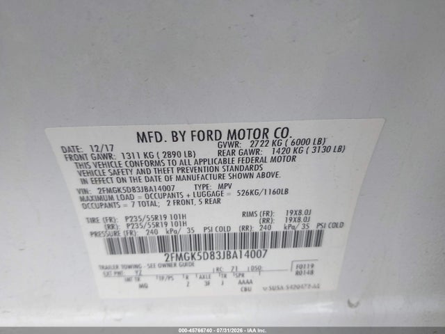 Aukcja sprzedaży 2018 Ford Flex Limited, vin: 2FMGK5D83JBA14007, numer aukcji: 45766740
