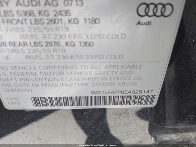 Продажа на аукционе авто 2014 Audi Q5 2.0t Premium, vin: WA1LFAFP8EA025147, номер лота: 45766749