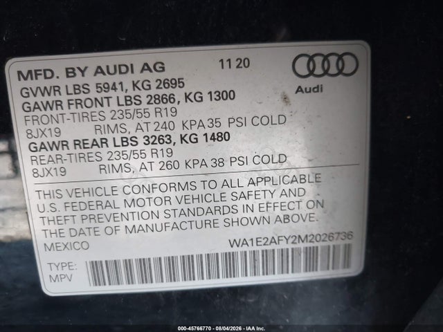 Aukcja sprzedaży 2021 Audi Q5 Premium Plus 55 Tfsi E Quattro S Tronic, vin: WA1E2AFY2M2026736, numer aukcji: 45766770
