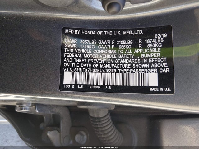 SHHFK7H62KU416379 Honda CIVIC EX