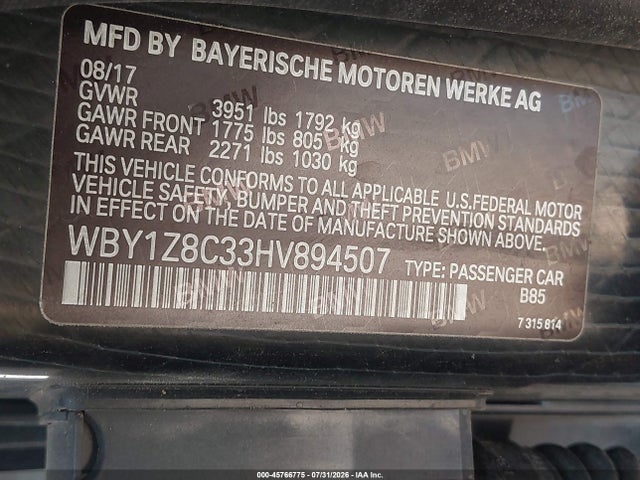 45766775 :رقم المزاد ، WBY1Z8C33HV894507 vin ، 2017 Bmw I3 94 Ah W/range Extender مزاد بيع