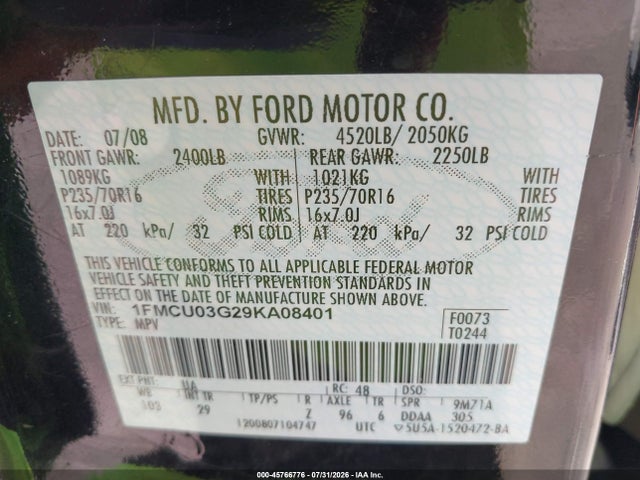Продаж на аукціоні авто 2009 Ford Escape Xlt, vin: 1FMCU03G29KA08401, номер лоту: 45766776
