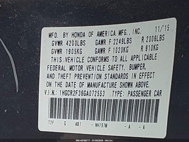 1HGCR2F36GA072553 Honda ACCORD LX