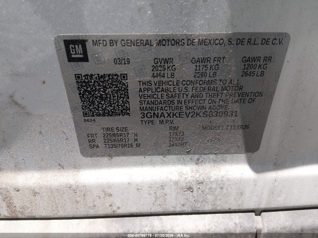 45766779 :رقم المزاد ، 3GNAXKEV2KS630931 vin ، 2019 Chevrolet Equinox Lt مزاد بيع