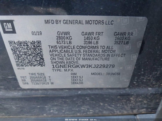 Продаж на аукціоні авто 2019 Chevrolet Traverse 1lt, vin: 1GNERGKW3KJ229279, номер лоту: 45766780
