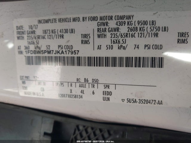 45766790 :رقم المزاد ، 1FDBW5PM7JKA17957 vin ، 2018 Ford Transit-350 Cutaway مزاد بيع