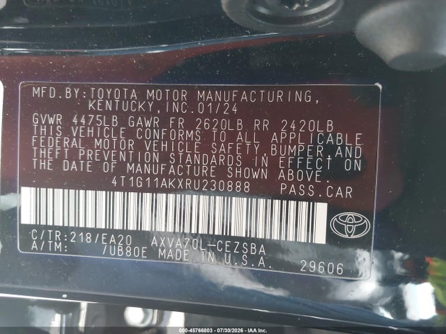 2024 Toyota Camry Se მანქანა იყიდება აუქციონზე, vin: 4T1G11AKXRU230888, აუქციონის ნომერი: 45766803